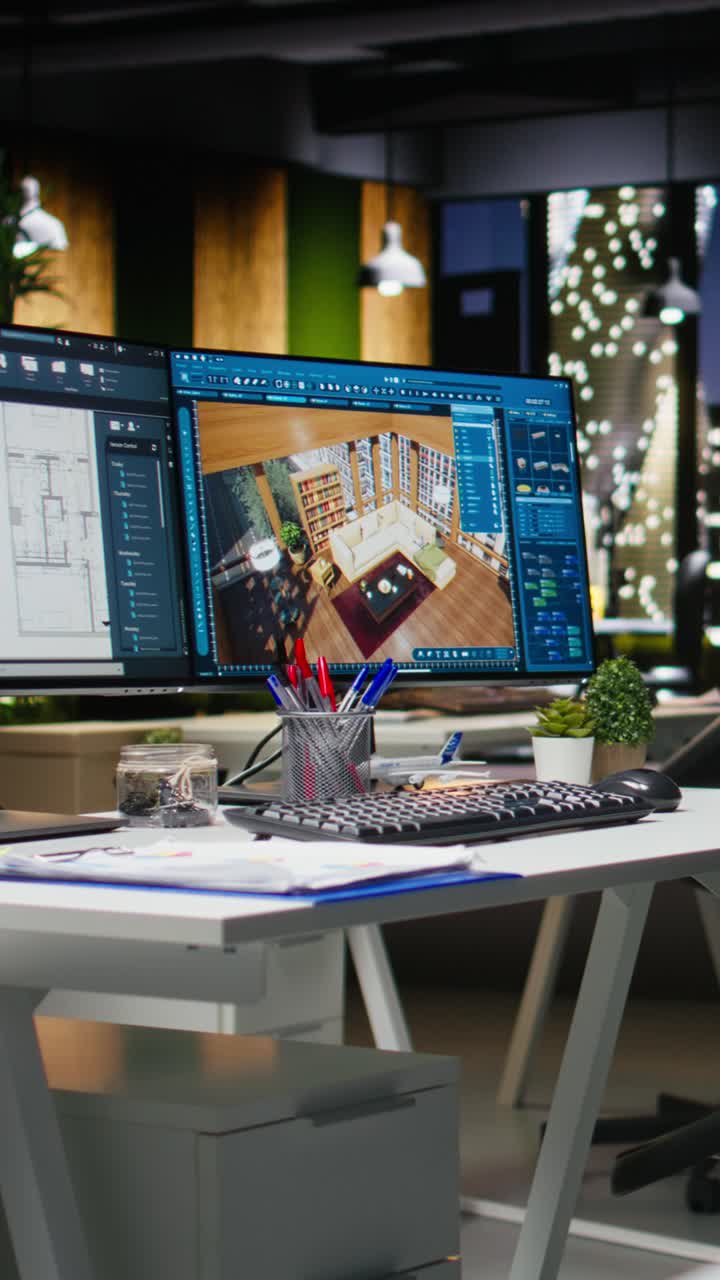 Vertical Video Contemporary office desk with CAD interface displaying digital blueprints