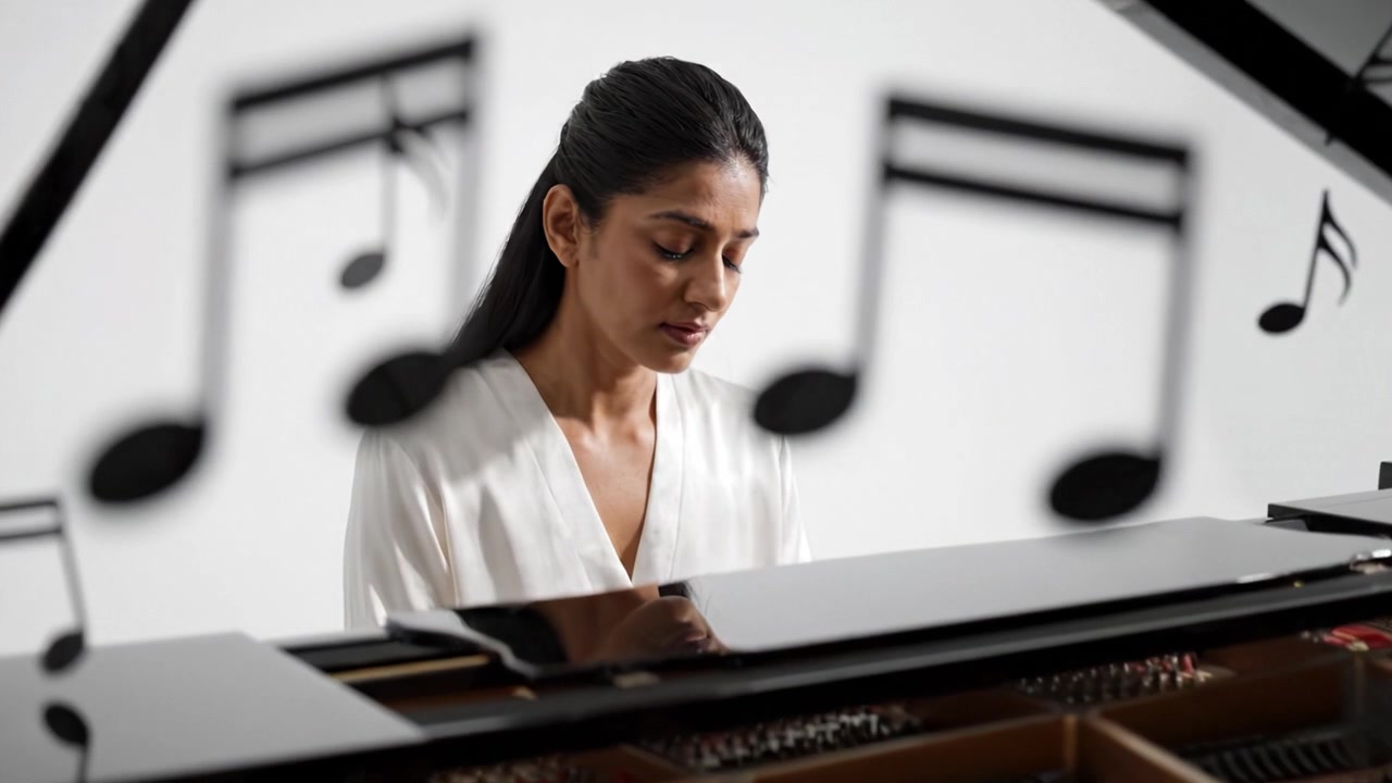 Una donna assorta nel suonare il pianoforte, circondata da note musicali fluttuanti, che cattura l'essenza della musica e dell'emozione in uno spazio splendidamente illuminato.
