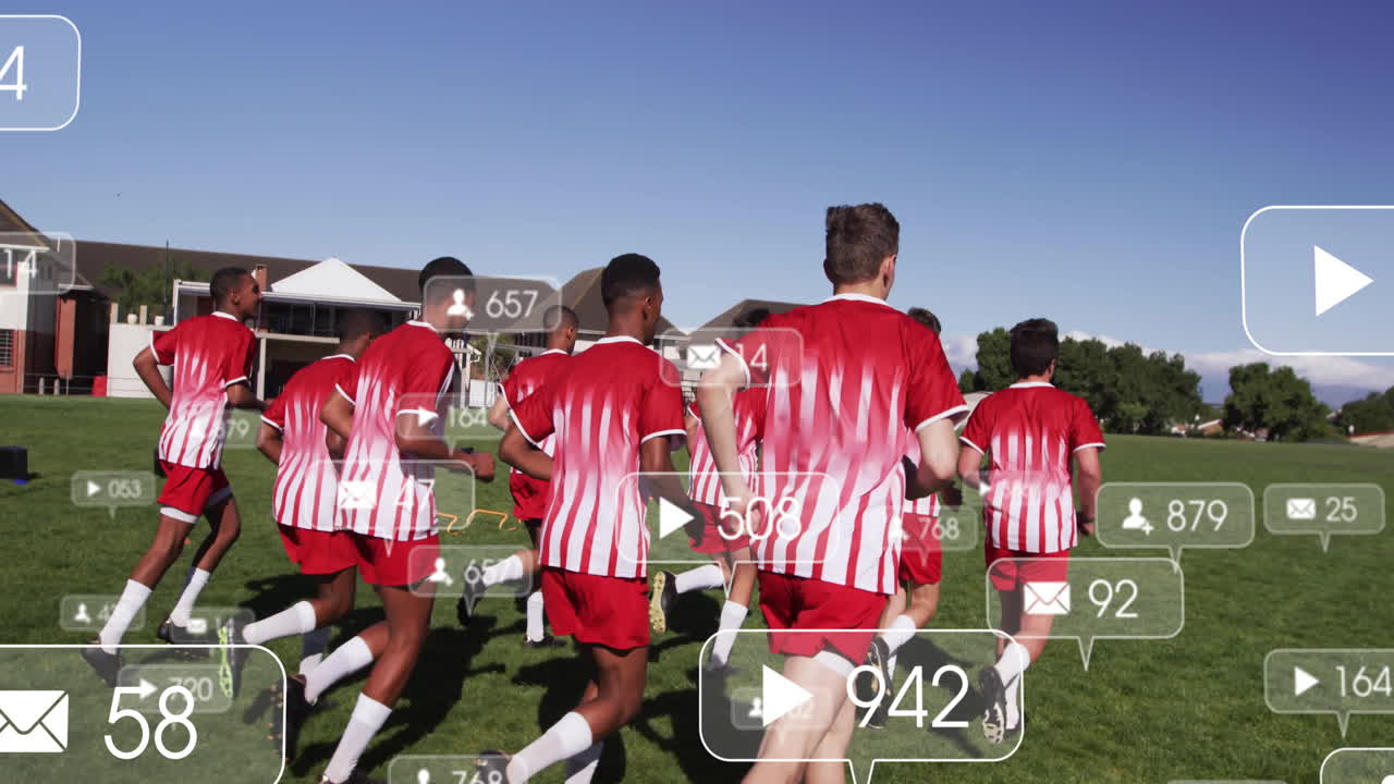 Teen soccer team jogging across field, showing sports with floating follower counts, message icons