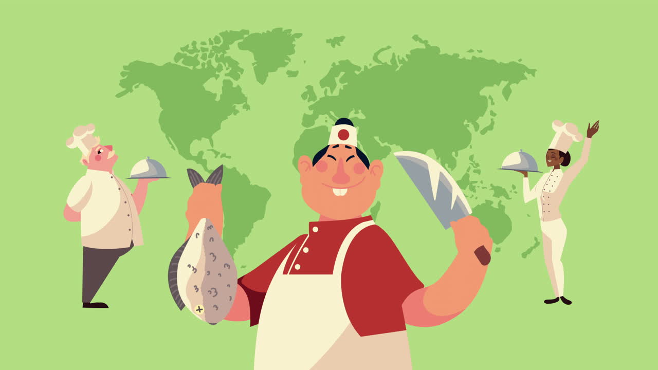 트레이와 물고기 애니메이션을 가진 인종 간 요리사 노동자