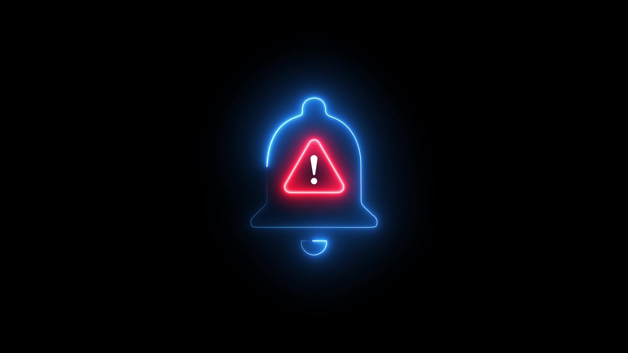 Emergency alert bell icon neon animation isolated on black background