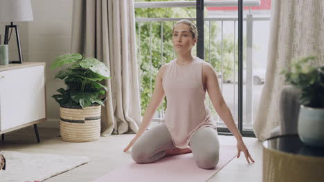 woman doing a neck stretch at home