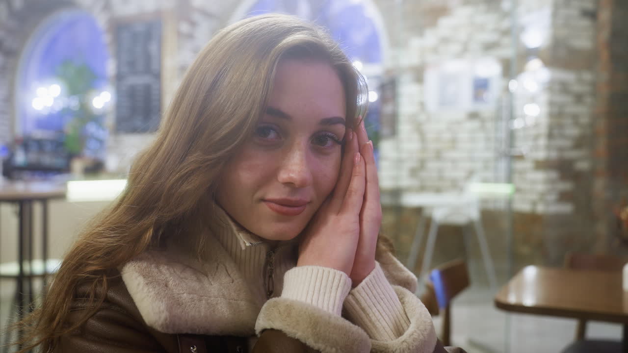 Lady in brown shearling jacket resting her face on hands, relaxed moment in cozy setting, capturing peaceful, contemplative expression in warm indoor atmosphere