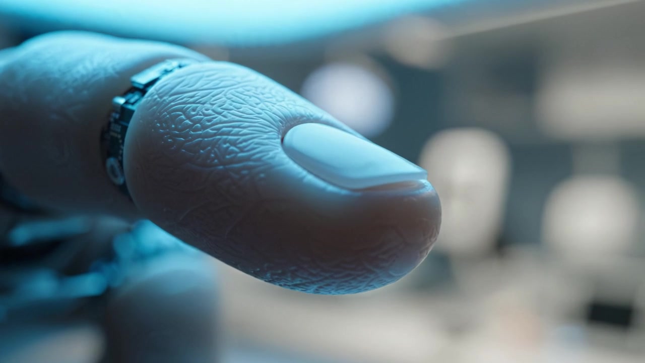 Close-Up View of a Futuristic Robotic Finger Showing Advanced Technology with a Focus on Realistic Textures and Details in a High-Tech Environment