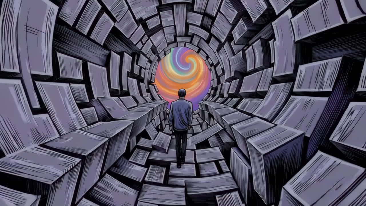 Man walking towards a colorful spiral portal in an abstract tunnel