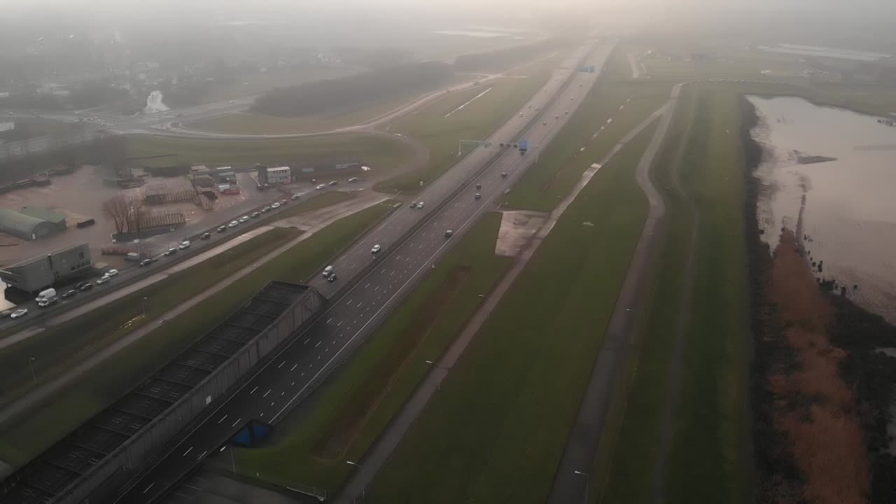 Aerial view of traffic driving on highway in the Netherlands. Aerial
