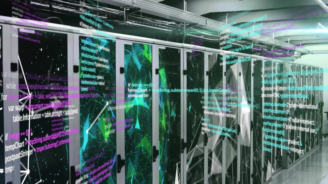 Animation of computer language over globe and connected dots on data server systems