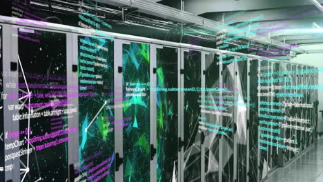 animation of computer language over globe and connected dots on data server systems