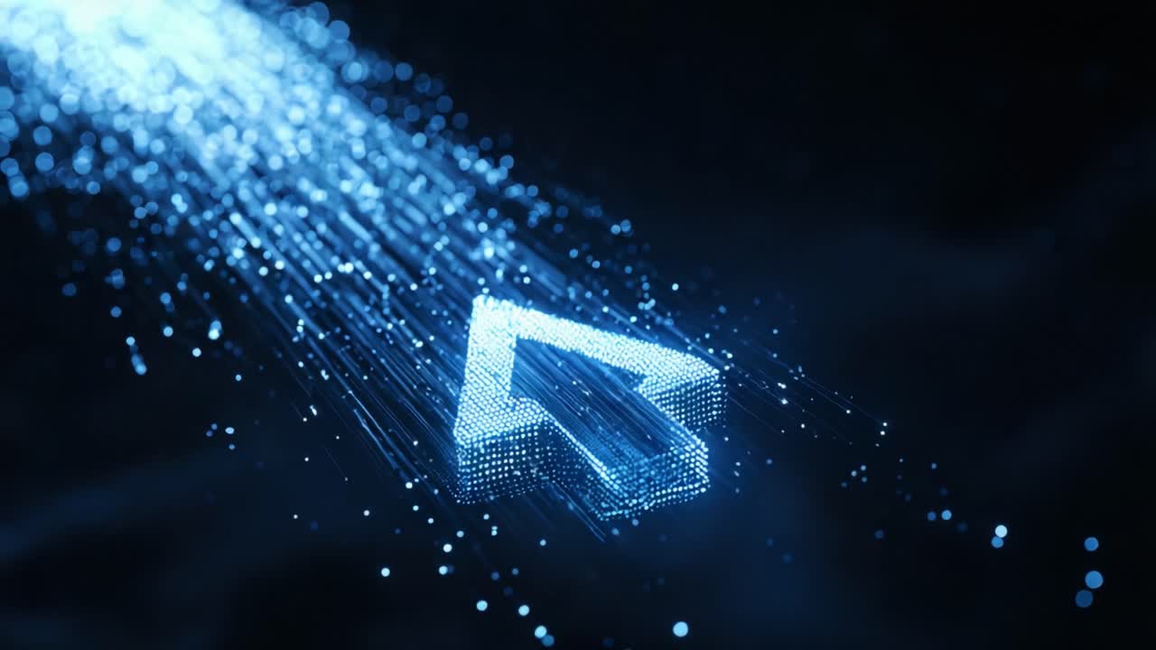 A mesmerizing digital animation showcasing a radiant blue cursor arrow moving swiftly through a trail of shimmering particles, illustrating the concept of connectivity and digital navigation