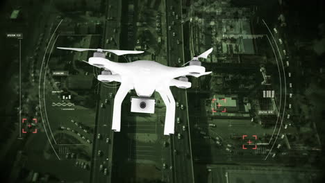 animation of a drone flying against a cityscape background with target screen