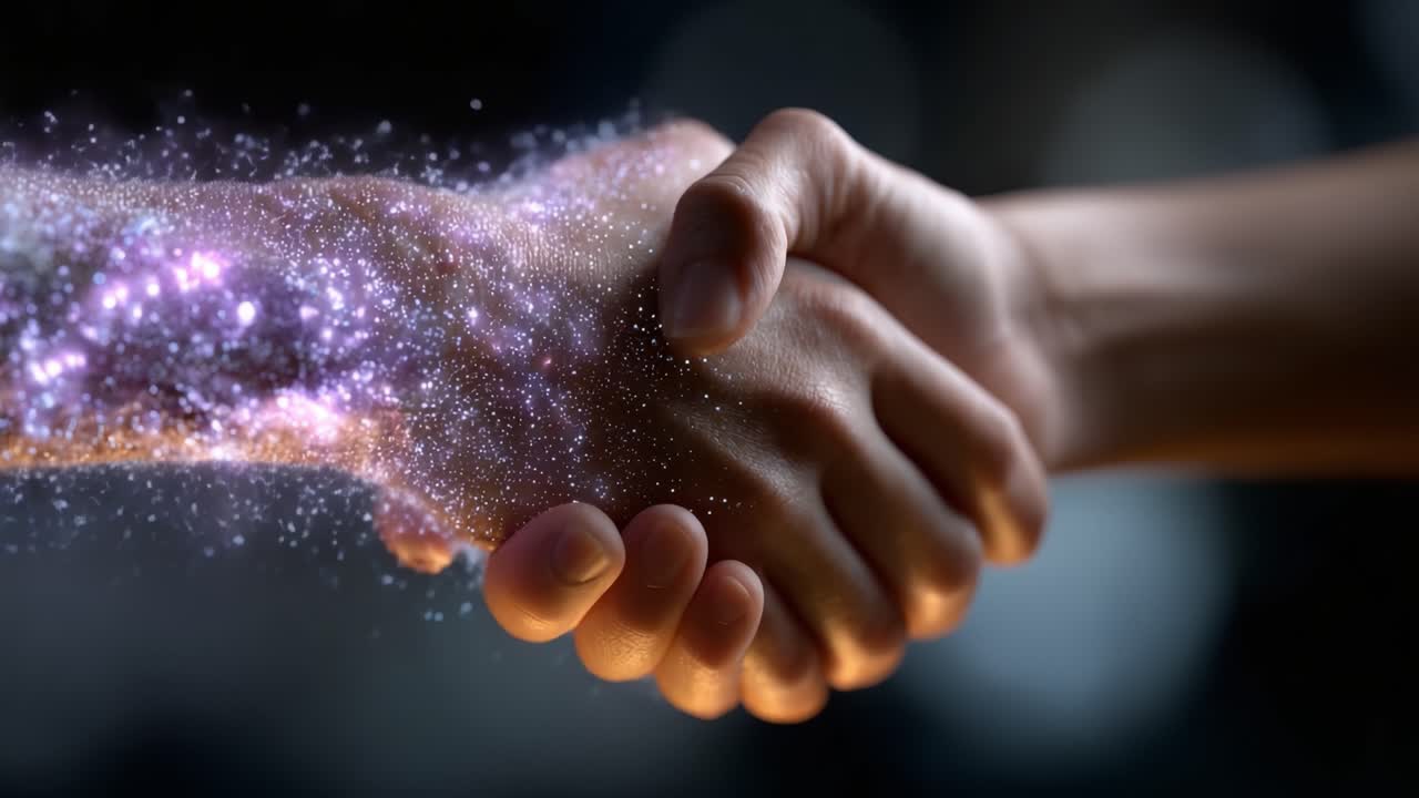 A Cosmic Handshake: Symbolizing Unity and Partnership in a Universally Connected World, Blending Elements of Light and Darkness in a Captivating Visual Experience