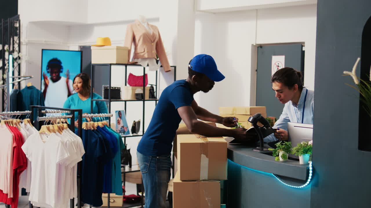 mensajero poniendo al trabajador a firmar el informe