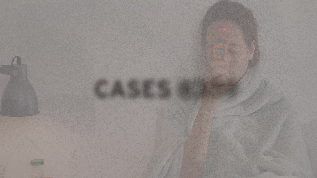 títulos de coronavirus sobre una mujer que toma la temperatura.