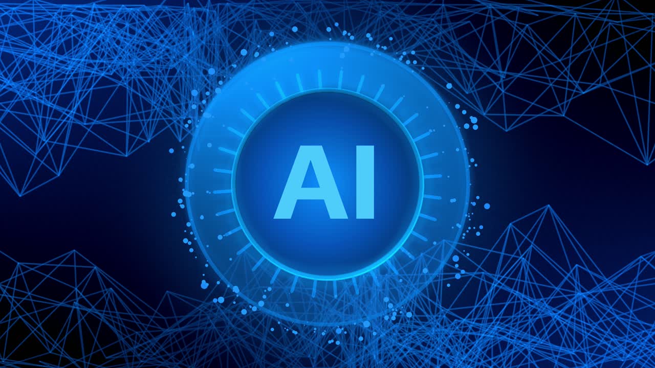 animación de la inteligencia artificial circular azul procesa la entrada en la parte superior de la red neuronal