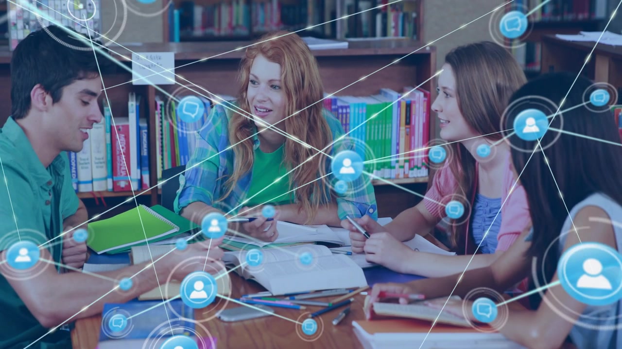 Four students studying in library, round node appearing, expanding network linking phones and books