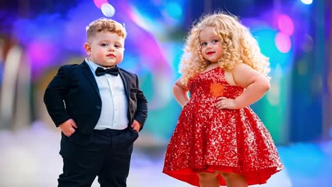 a little boy and a little girl dressed up for a formal event