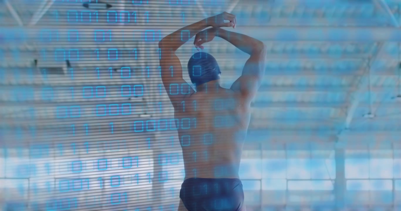 Male swimmer lifting arms overhead and stretching triceps with data overlay for swimming training
