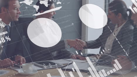 statistical data processing against two businesswomen shaking hands at office