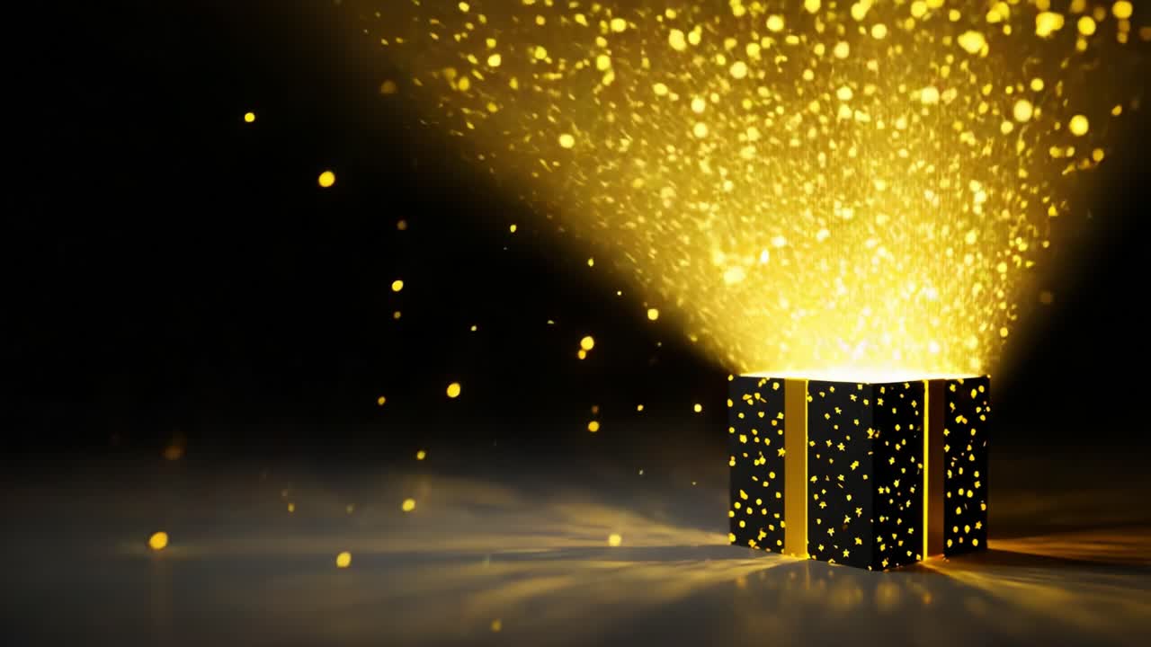 A Mysterious Gift Box Radiating Golden Sparkles: An Enigmatic Display of Light and Wonder Captivating the Imagination with Its Magical Charm and Alluring Presence
