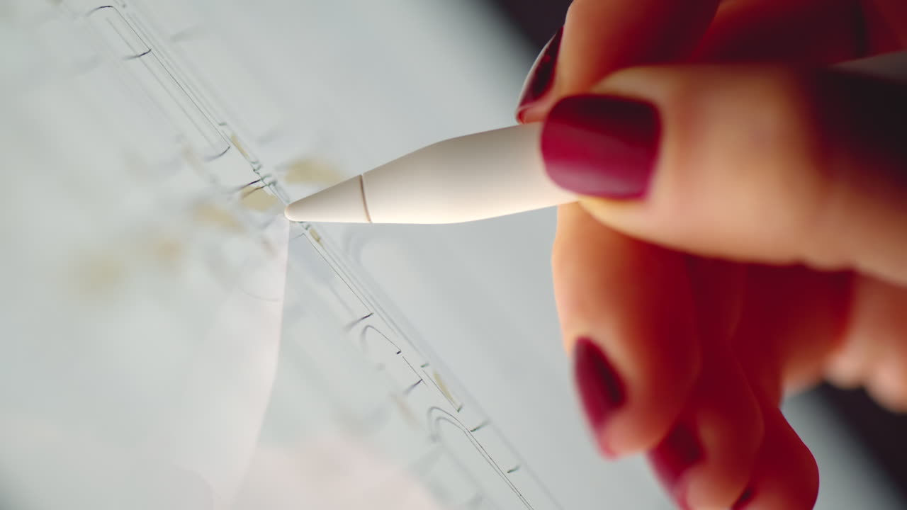 Close up of a woman sketching on a tablet with a stylus pen