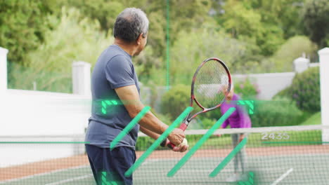 senior man serving tennis ball on green court, with motion graph and heart icon showing health