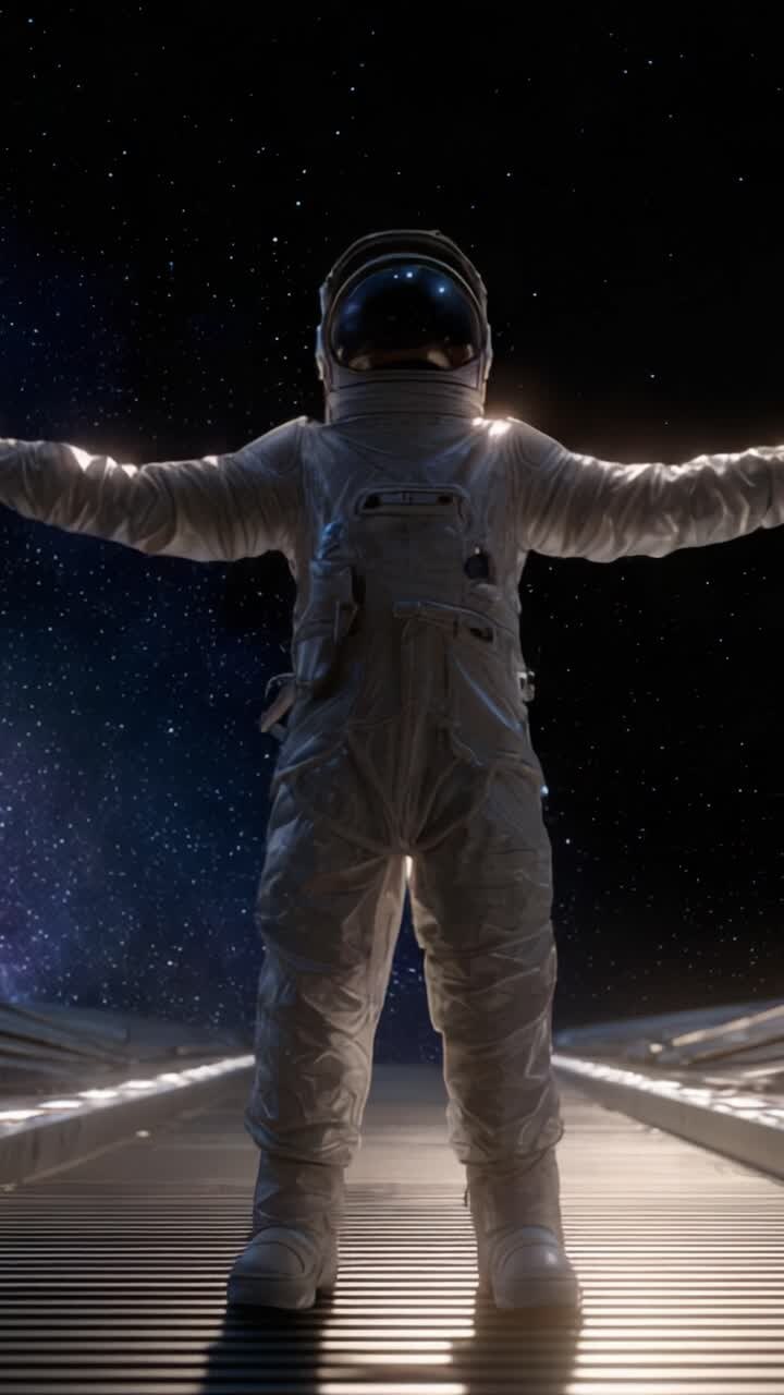 An astronaut stands confidently with arms wide open in deep space, surrounded by a mesmerizing starry backdrop, symbolizing exploration and the unknown