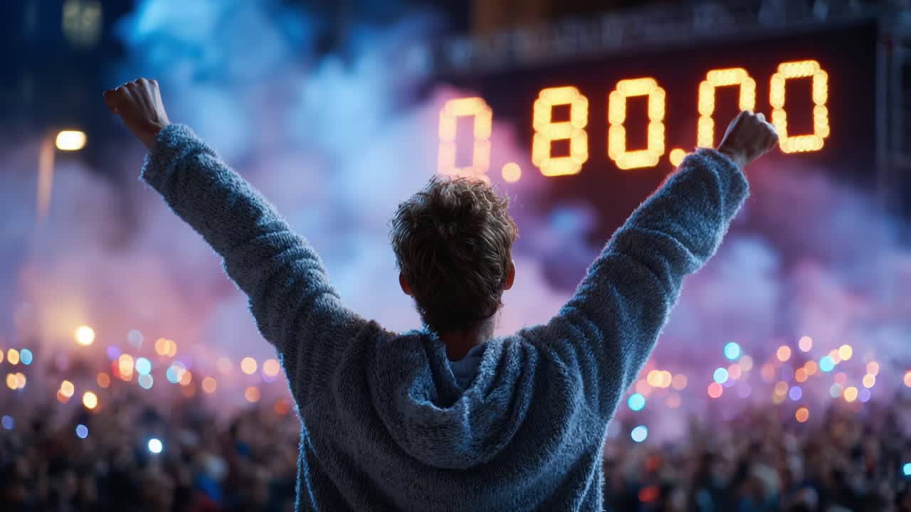 A Celebration of Achievement: The Moment of Triumph Captured as a Figure Raises Their Arms, Marking an Incredible Milestone with a Countdown Timer Displaying 0.80.00