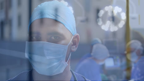 animation of people walking in city over doctors during surgery