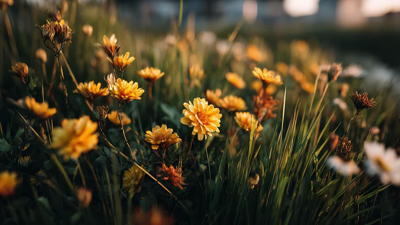 Vibrant Field of Yellow Flowers Bathed in Golden Light Captured at Dusk, Showcasing Nature's Splendor and the Tranquility of the Evening Landscape