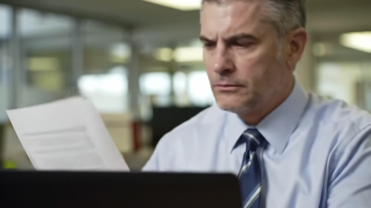 Focused Business Professional Analyzing Documents on Laptop in Office Environment with Concentration and Seriousness Captured in Two Distinct Frames