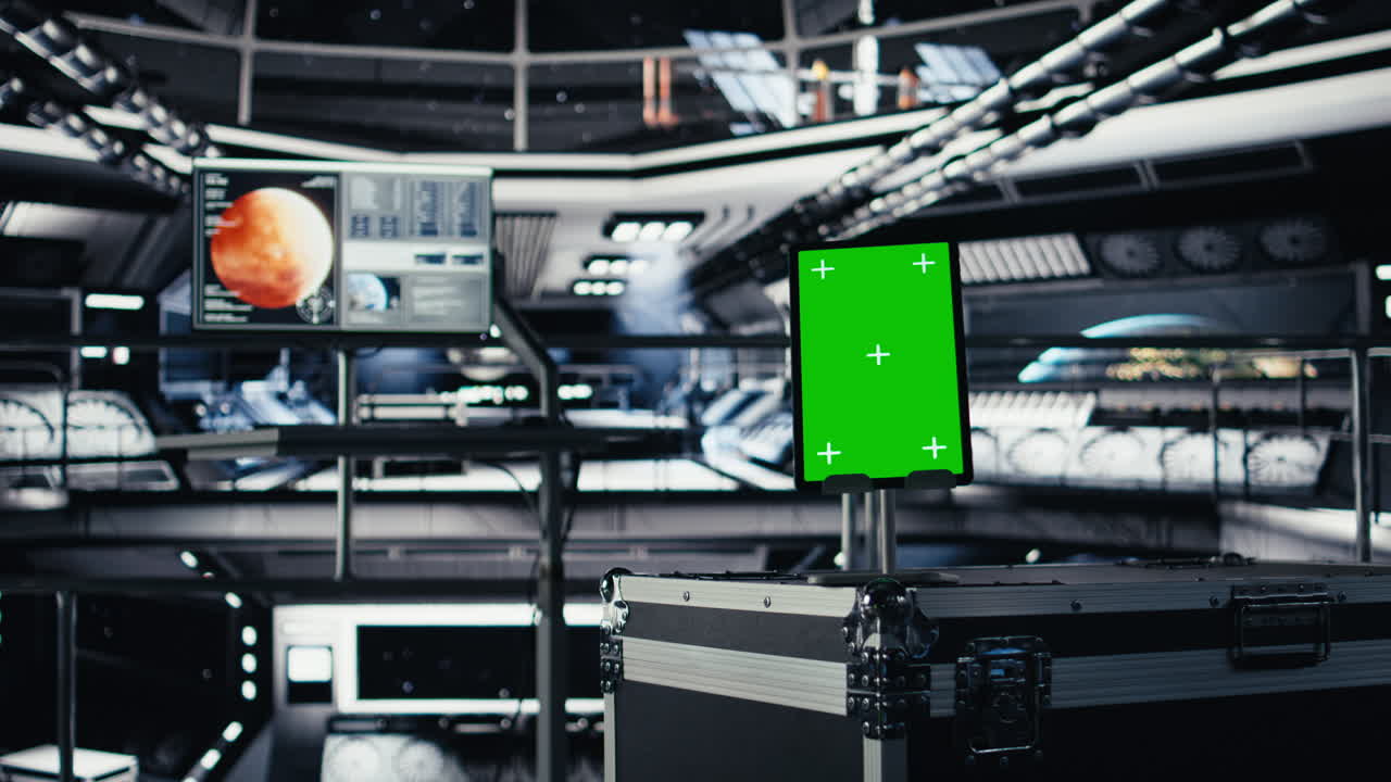Isolated screen tablet in spacecraft next to monitor displaying Mars dashboard