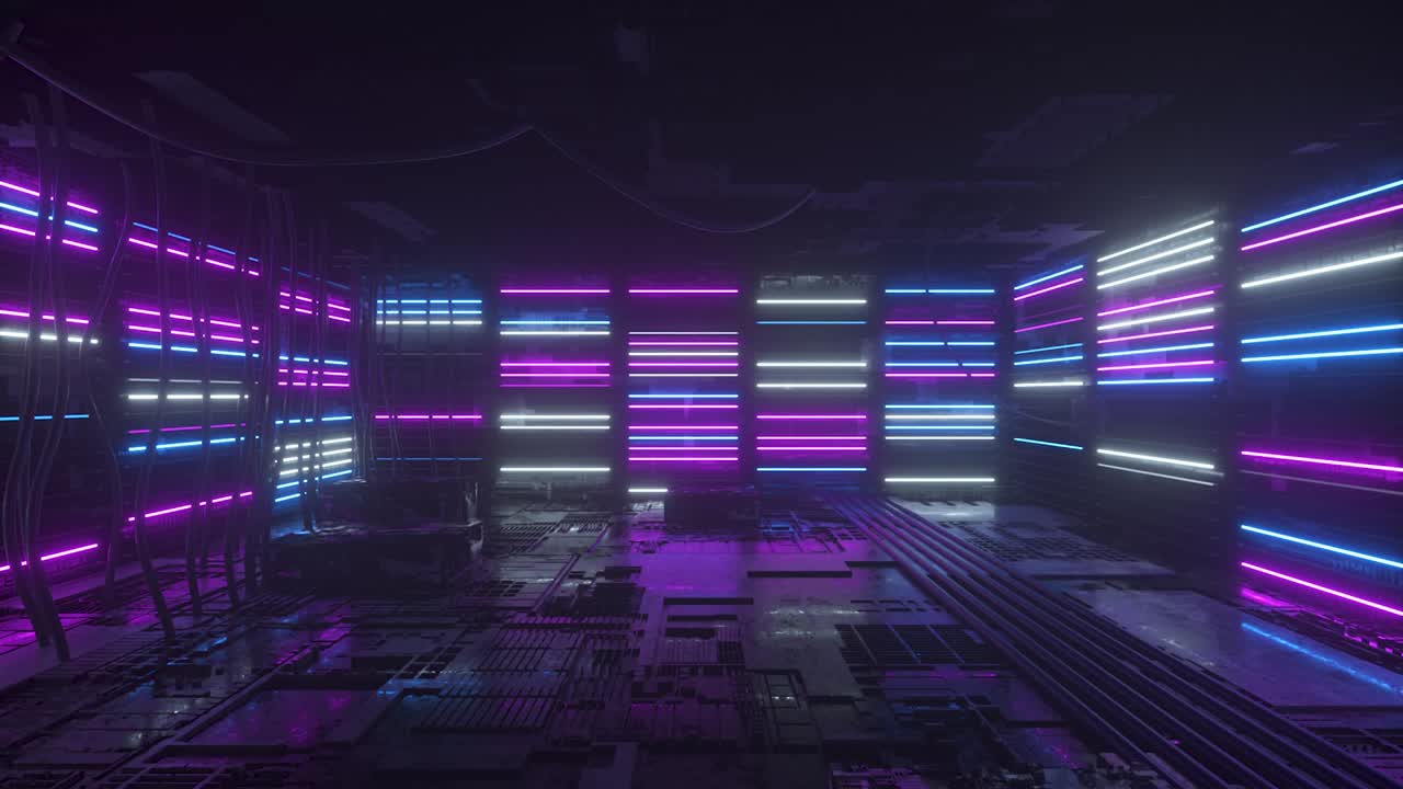 fondo de neón. fondo de neón púrpura y azul aparece y desaparece. fondo de neon brillante y vibrante. espacio tecnológico. habitación. animación en bucle 3d sin costuras