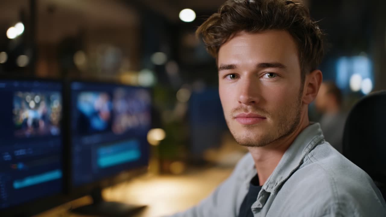 Un giovane uomo si concentra intensamente alla scrivania con due monitor che mostrano un software di editing video in uno spazio di lavoro moderno, catturando l'essenza della creatività e della concentrazione