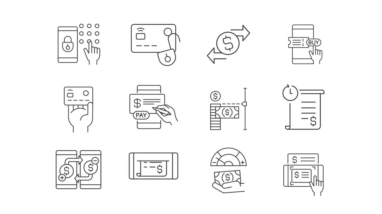 Line Art Icons Illustrating Mobile Payments and Transactions