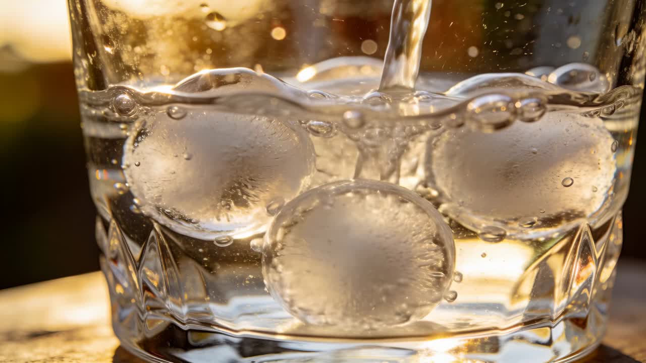 Un getto che riempie un bicchiere sfaccettato con tre sfere di ghiaccio su un piano tavolo di legno, creando bollicine.