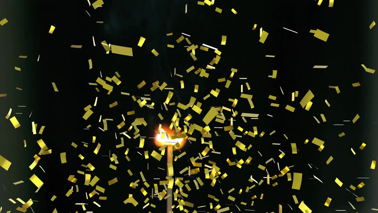 금색 콘페티 애니메이션으로 불타는 매치 스틱이 떨어지고 있습니다.