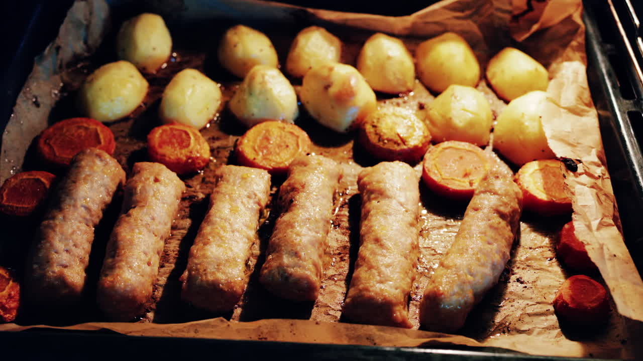 Juicy meat rolls grilling in the oven alongside carrots and potatoes, sizzling in high heat