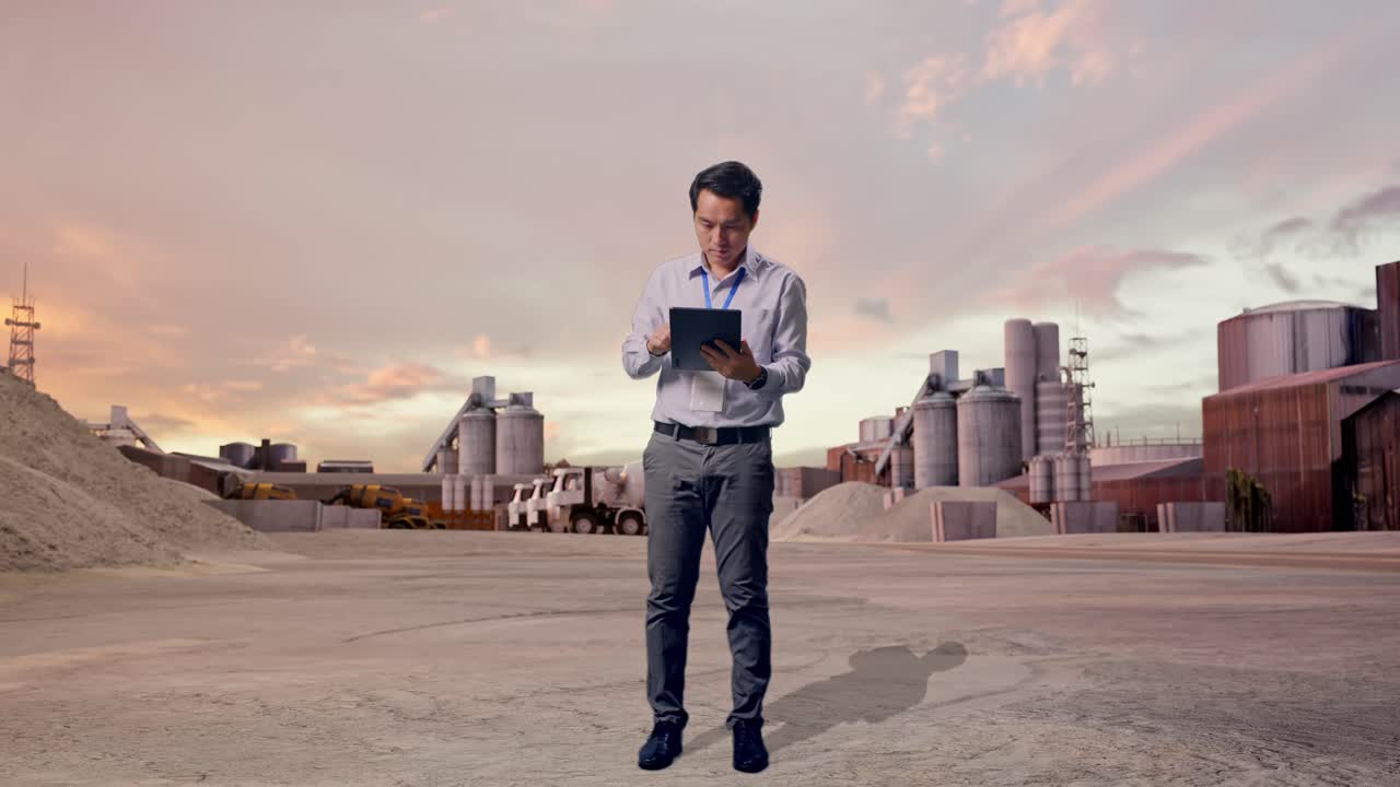 Full Body Side View Of An Asian Male Professional Worker Standing With His Tablet at Industrial Cement Plant with Sunset, Typing On His Tablet'S Keybaord With Meditation