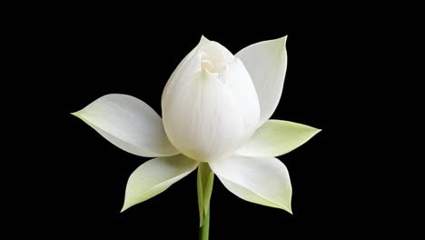 4k time lapse footage of blooming white lotus flower from bud to full blossom then back to bud isolated on black background, close up b roll shot side view.