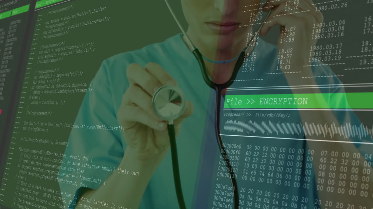 Male healthcare professional holding stethoscope, showing code and encryption bar in medtech scene