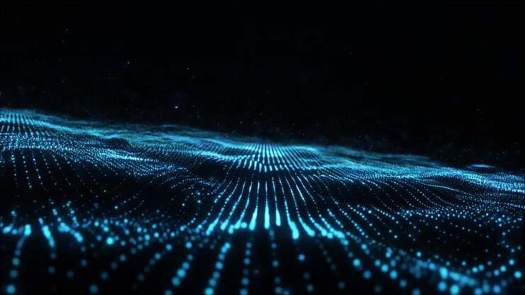 Onda digitale astratta di particelle blu luminose