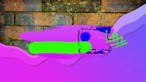 animation of pink, blue and green abstract paint marks, over moving contour lines, over brick wall