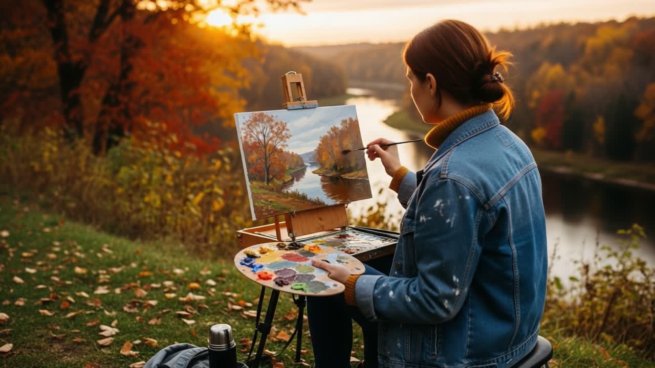 Capturing Autumn's Beauty: An Artist Paints a Serene Landscape at Sunset with Vibrant Colors and a Peaceful River View