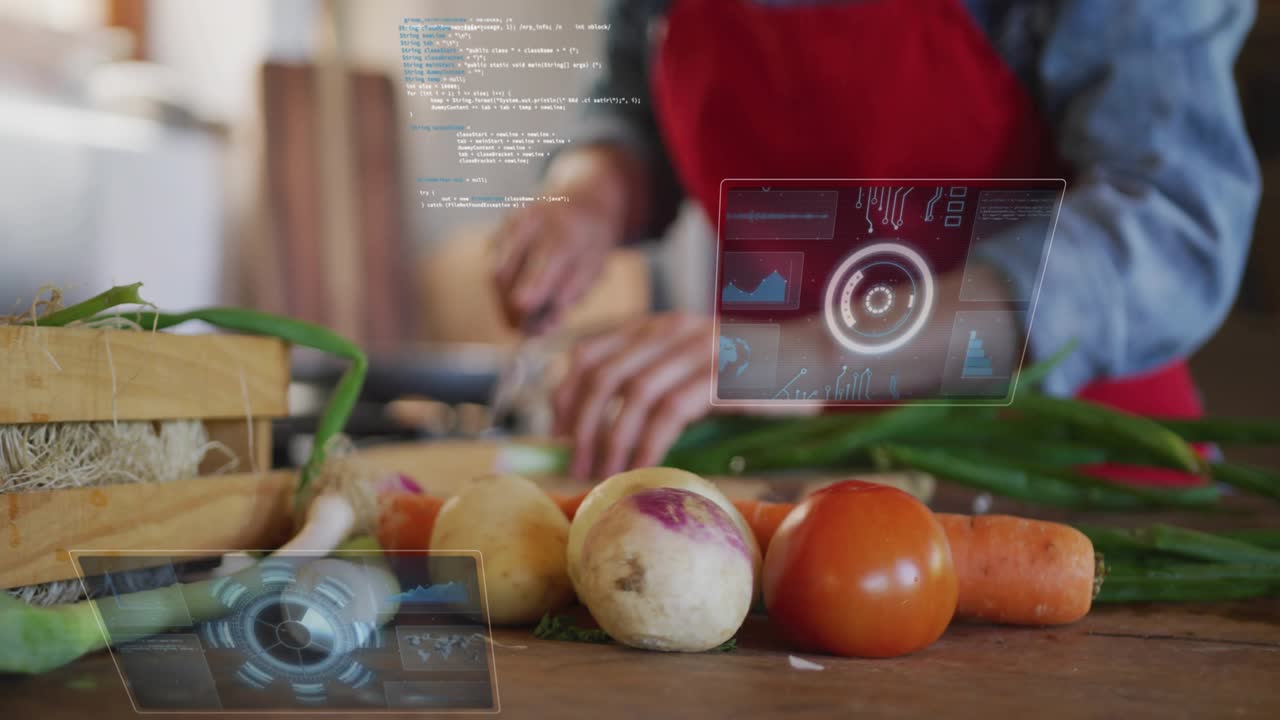 Mature woman tapping holographic UI on countertop and chopping green onions for smart meal tracking