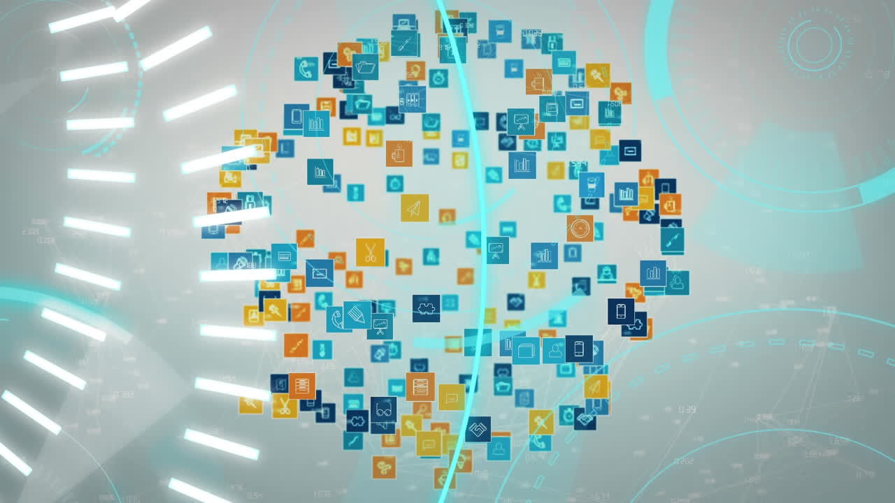 Animation of 5g text with globe and icons with network of connections
