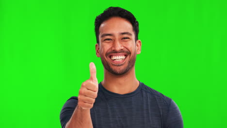 Thumbs-up,-face-and-happy-man-in-green-screen