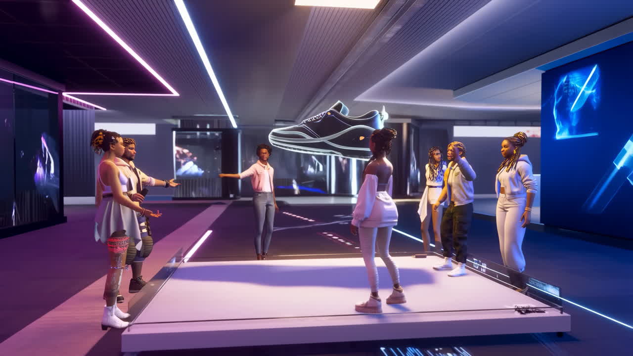 People Interacting with a Holographic Shoe Display in a Futuristic Digital Environment