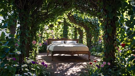 romantic garden bed under a trellis