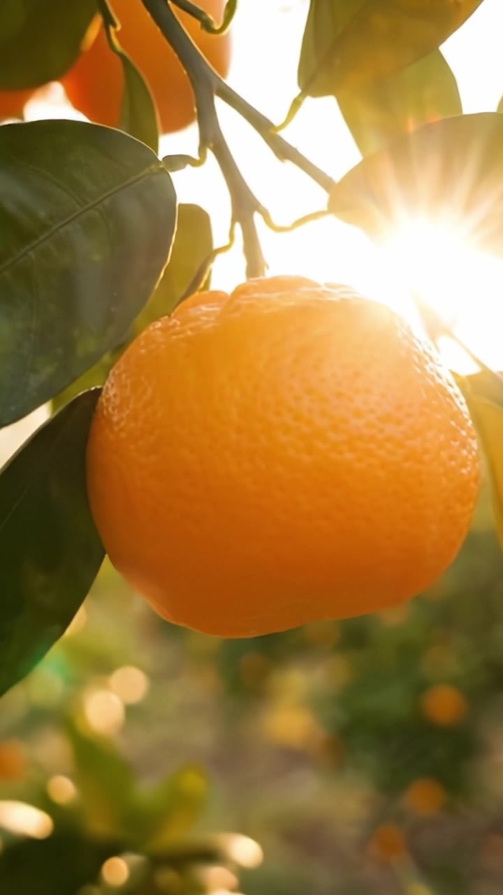 Un tramonto glorioso su un vibrante agrumeto: Catturare la bellezza degli agrumi freschi nella luce dorata e tra foglie verdi lussureggianti.