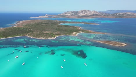 boats and yachts in blue sea near isola piana, asinara national park, sardinia, italy - aerial 4k